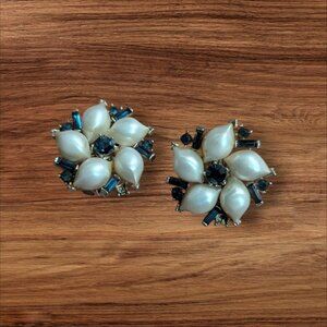 Lisner Gold-Tone Clip-On Earrings W/ Faux Pearl & Blue Rhinestone Floral Motif V